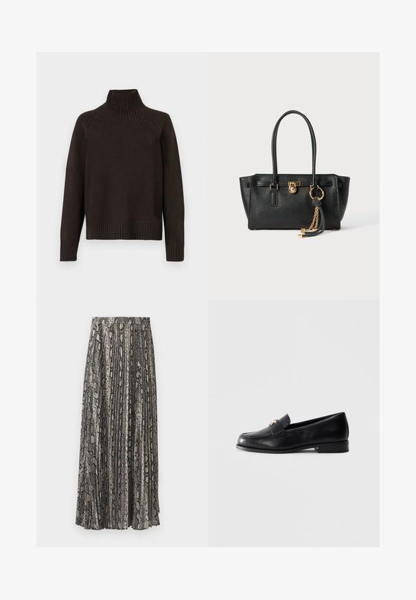 Pull en maille noire à col roulé avec des accents côtelés au niveau du col, des poignets et de l'ourlet ; il a une coupe décontractée et une surface texturée.; T-shirt blanc court en coton, avec des manches courtes et le logo "MICHAEL KORS" brodé ton sur ton à l'avant.; Jupe midi plissée à imprimé serpent, avec des nuances de gris, noir et beige. Fabriquée en tissu léger avec une taille élastique.; Mocassin en cuir noir avec un petit talon et un emblème décoratif en or sur la sangle, présenté sur un fond gris clair uni.; Sac à main en cuir noir avec double anses, serrure dorée et détails en chaîne, et accessoire à pompon noir et blanc sur fond blanc.