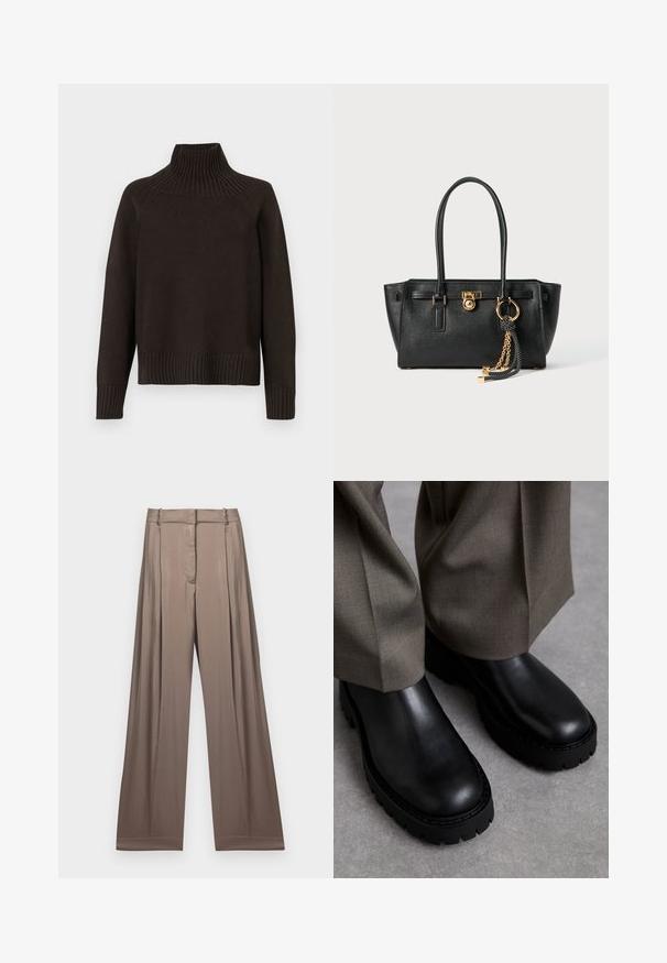 Sort striketrøje med høj hals, der har ribbede detaljer ved kraven, ærmerne og kanten; har en afslappet pasform og tekstureret overflade.; Hvid kortærmet T-shirt lavet af bomuld, med korte ærmer og "MICHAEL KORS" logo i matchende broderet tekst over fronten.; Bredde ben bukser i en afdæmpet taupe farve, lavet af glat stof med satinfinish. Har en skræddersyet talje og subtile plisseringer.; Sorte læder ankelstøvler med en kraftig gummisål, glat overflade, rund tå og minimal detaljer. Sammen med lysegrå bukser.; Sort læder skuldertaske med dobbelte håndtag, guld lås og kædedetalje samt sort-hvid kvast tilbehør mod hvid baggrund.
