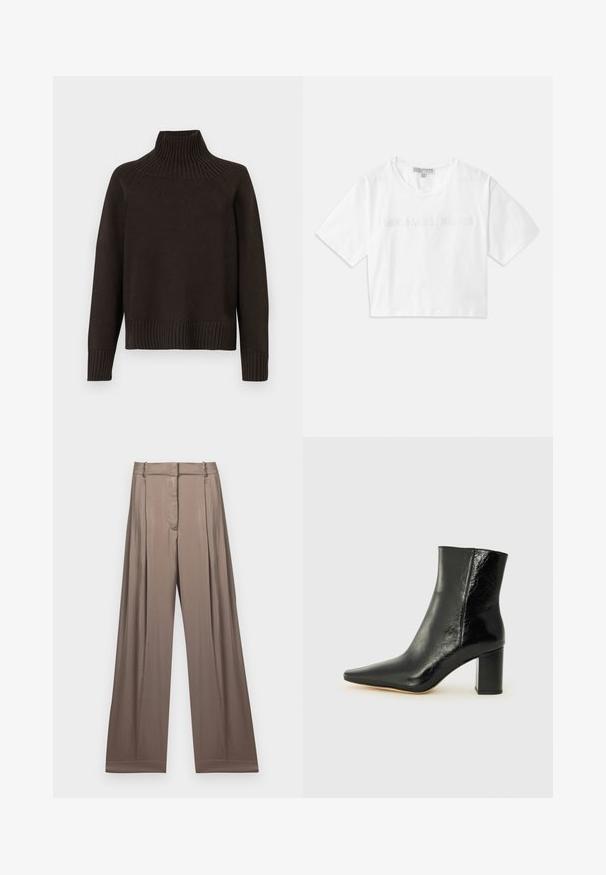 Svart strikket høyhalset genser med ribbet detaljer ved kragen, mansjettene og nederkant; har en avslappet passform og teksturert overflate.; Hvit kortermet T-skjorte i bomull, med korte ermer og "MICHAEL KORS"-logoen i matchende broderte bokstaver over fronten.; Vide benklær i en dempet taupefarge, laget av glatt stoff med satengfinish. Har en tilpasset midje og subtile folder.; Svart ankelstøvel laget av blankt lær med spiss tå og en robust, firkantet hæl. Har en glatt tekstur og en minimalistisk design.