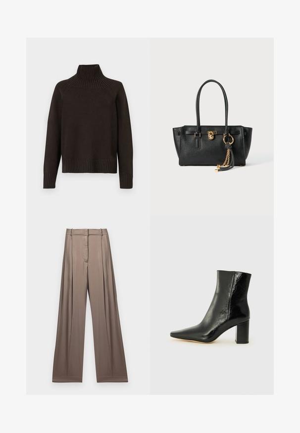 Suéter de gola alta em malha preta com detalhes canelados na gola, mangas e barra; possui um corte relaxado e uma superfície texturizada.; T-shirt branca cropped feita de algodão, com mangas curtas e o logótipo "MICHAEL KORS" em texto bordado correspondente na parte da frente.; Calças de perna larga numa cor taupe suave, feitas de um tecido liso com acabamento em cetim. Apresentam uma cintura bem ajustada e pregas subtis.; Botim preto até ao tornozelo, feito de couro brilhante, com bico apontado e um salto grosso e quadrado. Apresenta uma textura suave e um design minimalista.; Bolsa de pele preta com alças duplas, fecho dourado e detalhe em corrente, além de um acessório de tassel preto e branco, contra um fundo branco.