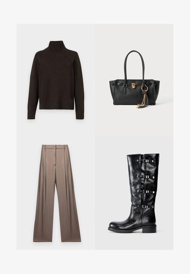 Črn pleten pulover s turtleneck ovratnikom, ki ima rebraste akcentne detajle na ovratniku, manšetah in robu; ima sproščen kroj in teksturirano površino.; Bela skrajšana majica iz bombaža z kratkimi rokavi, z logotipom "MICHAEL KORS" v usklajenem vezenem napisu spredaj.; Široke hlače v utišanem taupe odtenku, narejene iz gladke tkanine s satenskim finišem. Imajo oblikovano pasnico in subtilne plise.; Črne usnjene škornje do kolen z zaobljenim nosom, ki imajo tri trakove z metalnimi sponkami in nizko blok peto. Gladka tekstura.; Črna usnjena torbica z dvojno ročajema, zlatim ključavnico in detajlom verige, ter dodatkom črno-belih rese na belem ozadju.