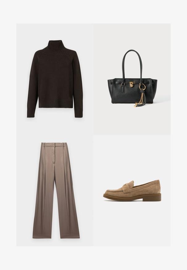 Czarny sweter z golfem wykonany z dzianiny, z akcentami w prążki na kołnierzu, mankietach i dolnej krawędzi; ma luźny krój i teksturowaną powierzchnię.; Biała, krótka koszulka z bawełny, z krótkimi rękawami i haftowanym napisem "MICHAEL KORS" na przodzie.; Szerokie spodnie w stonowanym odcieniu taupe, wykonane z gładkiego materiału o satynowym wykończeniu. Posiadają dopasowany pas i subtelne fałdy.; Beżowe zamszowe mokasyny z okrągłym noskiem, dekoracyjnym przeszyciem i niskim, masywnym, gumowym obcasem dla lepszej przyczepności i komfortu.; Czarna skórzana torebka na podwójnych uchwytach, ze złotym zamkiem i łańcuszkiem, a także czarno-białym ozdobnym frędzlem na białym tle.