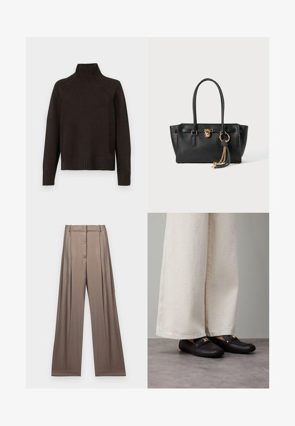 Suéter de gola alta em malha preta com detalhes canelados na gola, mangas e barra; possui um corte relaxado e uma superfície texturizada.; T-shirt branca cropped feita de algodão, com mangas curtas e o logótipo "MICHAEL KORS" em texto bordado correspondente na parte da frente.; Calças de perna larga numa cor taupe suave, feitas de um tecido liso com acabamento em cetim. Apresentam uma cintura bem ajustada e pregas subtis.; Mocassins pretos de couro com detalhes em metal dourado, usados com calças largas de cor creme, mostrando uma textura suave e formato arredondado.; Bolsa de pele preta com alças duplas, fecho dourado e detalhe em corrente, além de um acessório de tassel preto e branco, contra um fundo branco.