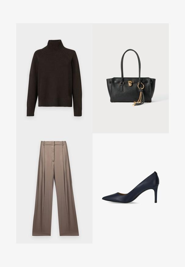Pulover negru din tricot cu guler înalt, cu accente cu nervuri la guler, mânici și tiv; are o croială lejeră și o suprafață texturată.; Tricou alb scurt, din bumbac, cu mâneci scurte și logo-ul "MICHAEL KORS" brodat în text asortat pe partea din față.; Pantaloni cu picioare largi într-o nuanță de taupe moale, realizați dintr-un material neted cu un finisaj satinat. Au o talie croită și pliseuri subtile.; Pumps albastre închis cu toc înalt, fabricate din piele netedă, având vârful ascuțit și un toc subțire. Design simplu, fără embellishments suplimentare.; Geantă de mână din piele neagră cu mânere duble, lacăt aurit și detalii cu lanț, împreună cu un accesoriu cu ciucuri alb-negru, pe fond alb.
