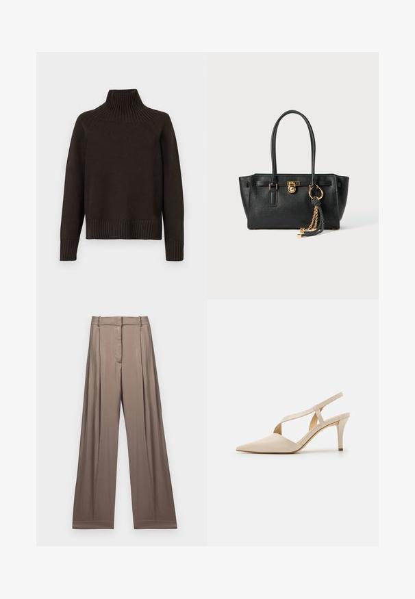 Zwarte gebreide coltrui met geribbelde accenten bij de kraag, mouwen en onderrand; heeft een losse pasvorm en een gestructureerd oppervlak.; Witte cropped T-shirt van katoen, met korte mouwen en het "MICHAEL KORS" logo in bijpassende geborduurde tekst over de voorkant.; Wijduitlopende broeken in een gedempt taupe kleur, gemaakt van een gladde stof met een satijnen afwerking. Heeft een op maat gemaakte tailleband en subtiele plooien.; Beige slingback hakken met een puntige neus. Gemaakt van soepel materiaal, met een slanke hak en kruisbanddetails voor een veilige pasvorm.; Zwarte leren handtas met dubbele handgrepen, gouden slot en kettingdetail, en zwart-witte franjer accent tegen een witte achtergrond.