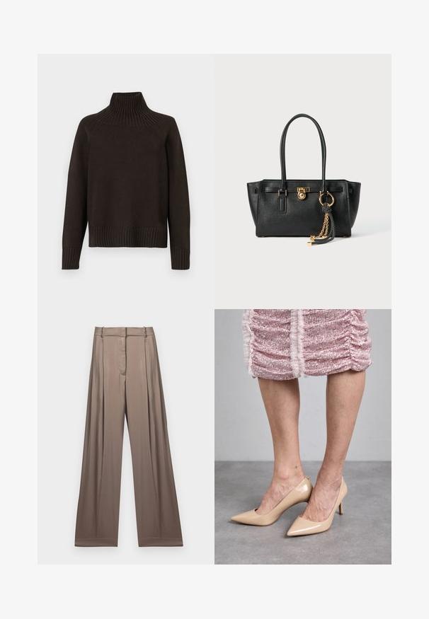 Zwarte gebreide coltrui met geribbelde accenten bij de kraag, mouwen en onderrand; heeft een losse pasvorm en een gestructureerd oppervlak.; Witte cropped T-shirt van katoen, met korte mouwen en het "MICHAEL KORS" logo in bijpassende geborduurde tekst over de voorkant.; Wijduitlopende broeken in een gedempt taupe kleur, gemaakt van een gladde stof met een satijnen afwerking. Heeft een op maat gemaakte tailleband en subtiele plooien.; Beige lakleren hoge hakken met een spitse neus en een slanke hak. Gladde textuur met een strakke vormgeving. G'dragen met een roze pailletten jurk.; Zwarte leren handtas met dubbele handgrepen, gouden slot en kettingdetail, en zwart-witte franjer accent tegen een witte achtergrond.