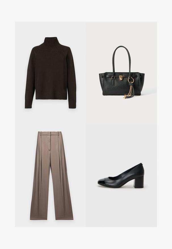Black knitted turtleneck sweater featuring ribbed accents at the collar, cuffs, and hem; has a relaxed fit and textured surface.; White cropped T-shirt made of cotton, featuring short sleeves and "MICHAEL KORS" logo in matching embroidered text across the front.; Wide-leg trousers in a muted taupe color, made of smooth fabric with a satin finish. Features a tailored waistband and subtle pleats.; Black leather pump with a glossy black toe cap and chunky heel. Smooth texture and rounded design with a subtle opening at the front.; Black leather handbag with double handles, gold lock and chain detail, and black-and-white tassel accessory against white background.