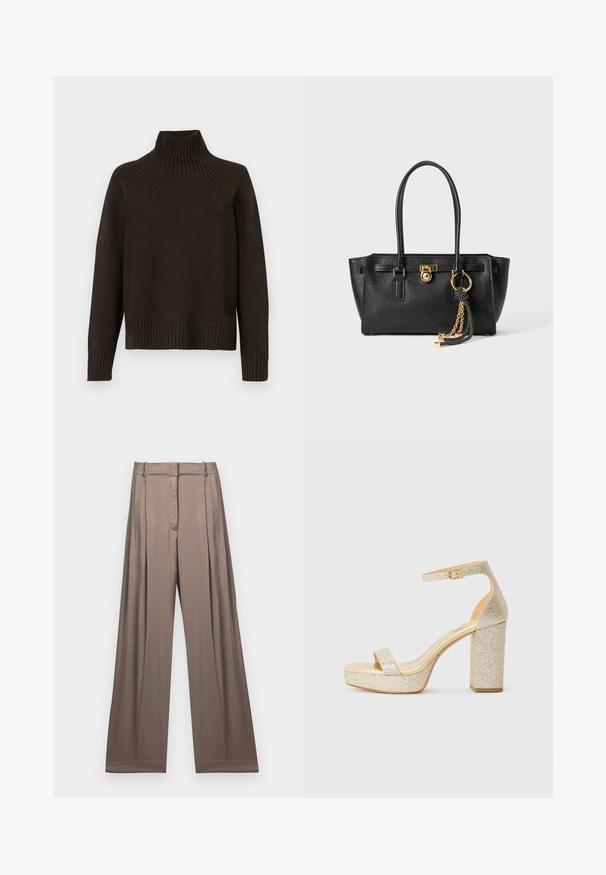 Suéter de gola alta em malha preta com detalhes canelados na gola, mangas e barra; possui um corte relaxado e uma superfície texturizada.; T-shirt branca cropped feita de algodão, com mangas curtas e o logótipo "MICHAEL KORS" em texto bordado correspondente na parte da frente.; Calças de perna larga numa cor taupe suave, feitas de um tecido liso com acabamento em cetim. Apresentam uma cintura bem ajustada e pregas subtis.; Sandalha de salto alto em plataforma dourada com brilhantes, com tiras ao tornozelo e fivela, sobre fundo branco.; Bolsa de pele preta com alças duplas, fecho dourado e detalhe em corrente, além de um acessório de tassel preto e branco, contra um fundo branco.