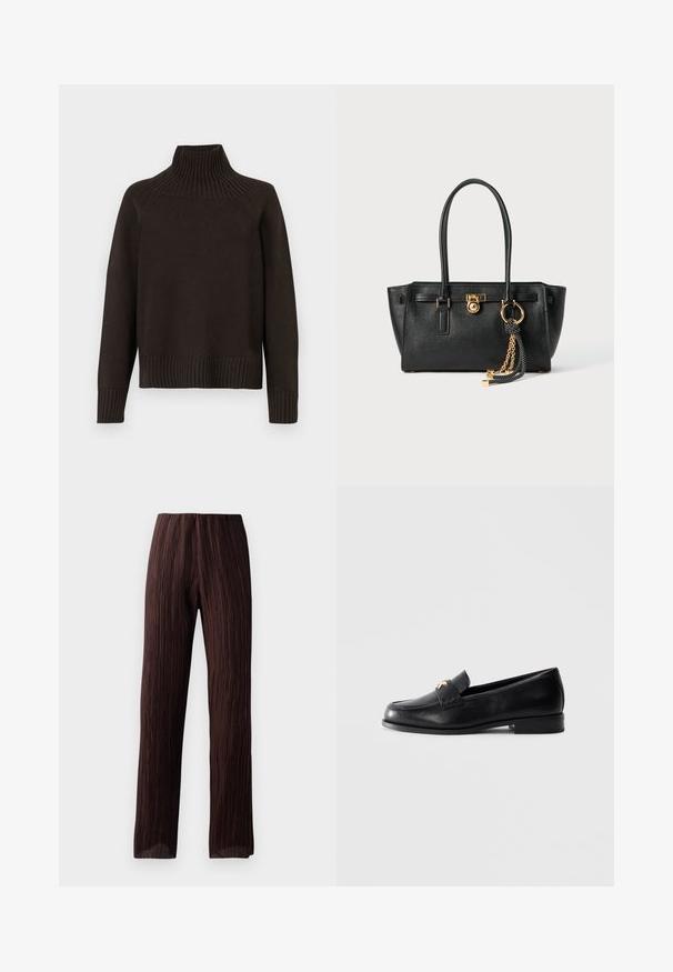 Pull en maille noire à col roulé avec des accents côtelés au niveau du col, des poignets et de l'ourlet ; il a une coupe décontractée et une surface texturée.; T-shirt blanc court en coton, avec des manches courtes et le logo "MICHAEL KORS" brodé ton sur ton à l'avant.; Pantalons marron à large jambe avec une texture plissée, taille haute et design fluide. Fabriqués en tissu léger. Aucun fermoir visible.; Mocassin en cuir noir avec un petit talon et un emblème décoratif en or sur la sangle, présenté sur un fond gris clair uni.; Sac à main en cuir noir avec double anses, serrure dorée et détails en chaîne, et accessoire à pompon noir et blanc sur fond blanc.