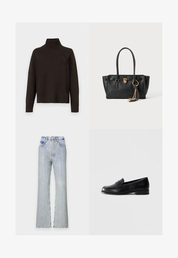 Černý pletený rolák s pružnými detaily na límci, manžetách a spodním lemu; má volný střih a texturovaný povrch.; Bílý zkrácený tričko vyrobené z bavlny, s krátkými rukávy a logem "MICHAEL KORS" v odpovídajícím vyšitým textem na přední straně.; Světle modré džíny s rozšířenými nohavicemi, které mají mřížkovaný vzor stříbrných detailů, s vysokým pasem a roztrženým lemem.; Černé kožené mokasíny s nízkým podpatkem a zlatým dekorativním emblémem na pásku, vystavené na jednoduchém světlém šedém pozadí.; Černá kožená kabelka s dvojitými uchy, zlatým zámkem a řetízkem, a černo-bílým třásňovým doplňkem na bílém pozadí.