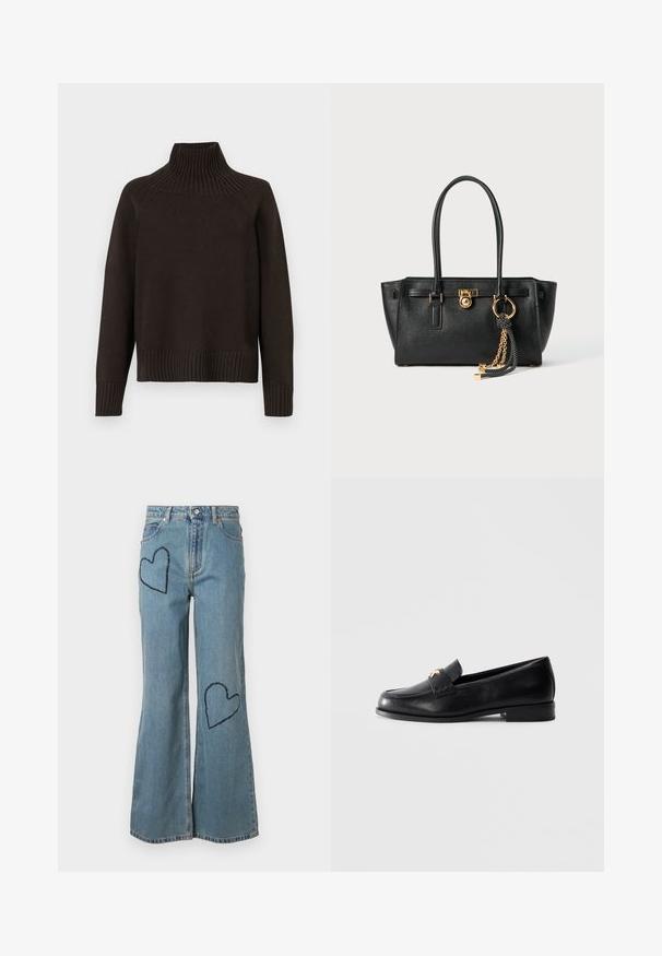 Pulover negru din tricot cu guler înalt, cu accente cu nervuri la guler, mânici și tiv; are o croială lejeră și o suprafață texturată.; Tricou alb scurt, din bumbac, cu mâneci scurte și logo-ul "MICHAEL KORS" brodat în text asortat pe partea din față.; Blugi evazați de denim de un albastru deschis, decorati cu două petice de formă inimă de un albastru închis pe față. Design clasic cu cinci buzunare și închidere cu nasture.; Mocasini negri din piele cu toc mic și emblemă decorativă aurie pe curea, expuși pe un fundal simplu de gri deschis.; Geantă de mână din piele neagră cu mânere duble, lacăt aurit și detalii cu lanț, împreună cu un accesoriu cu ciucuri alb-negru, pe fond alb.