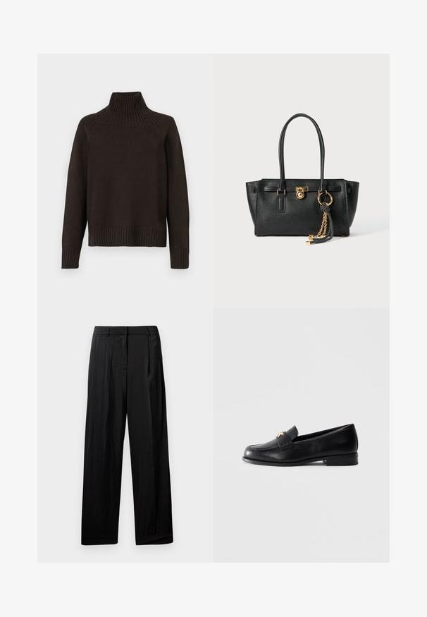 Pull en maille noire à col roulé avec des accents côtelés au niveau du col, des poignets et de l'ourlet ; il a une coupe décontractée et une surface texturée.; T-shirt blanc court en coton, avec des manches courtes et le logo "MICHAEL KORS" brodé ton sur ton à l'avant.; Pantalon large noir en tissu lisse, avec des plis avant, des passants de ceinture et une fermeture éclair.; Mocassin en cuir noir avec un petit talon et un emblème décoratif en or sur la sangle, présenté sur un fond gris clair uni.; Sac à main en cuir noir avec double anses, serrure dorée et détails en chaîne, et accessoire à pompon noir et blanc sur fond blanc.