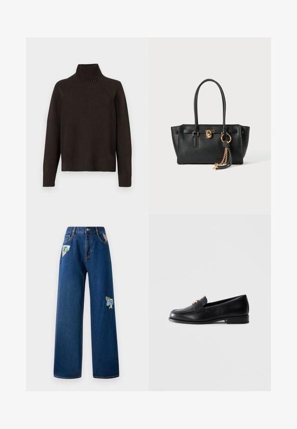 Black knitted turtleneck sweater featuring ribbed accents at the collar, cuffs, and hem; has a relaxed fit and textured surface.; White cropped T-shirt made of cotton, featuring short sleeves and "MICHAEL KORS" logo in matching embroidered text across the front.; Dark blue denim wide-leg jeans with two colorful embroidered patches on the front. Features standard pockets and visible stitching details.; Black leather loafer with low heel and gold decorative emblem on the strap, displayed on a plain light gray background.; Black leather handbag with double handles, gold lock and chain detail, and black-and-white tassel accessory against white background.