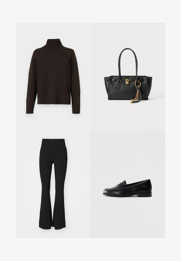 Black knitted turtleneck sweater featuring ribbed accents at the collar, cuffs, and hem; has a relaxed fit and textured surface.; White cropped T-shirt made of cotton, featuring short sleeves and "MICHAEL KORS" logo in matching embroidered text across the front.; Black flared pants made of stretch fabric, featuring a high waist and a smooth, unembellished surface. Simple and form-fitting design.; Black leather loafer with low heel and gold decorative emblem on the strap, displayed on a plain light gray background.; Black leather handbag with double handles, gold lock and chain detail, and black-and-white tassel accessory against white background.