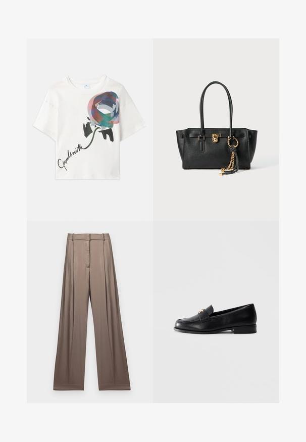 Pulover negru din tricot cu guler înalt, cu accente cu nervuri la guler, mânici și tiv; are o croială lejeră și o suprafață texturată.; Tricou alb scurt, cu un grafic colorat de trandafir în nuanțe de albastru, roz și verde, având inscripționat "Paul Smith" în negru.; Pantaloni cu picioare largi într-o nuanță de taupe moale, realizați dintr-un material neted cu un finisaj satinat. Au o talie croită și pliseuri subtile.; Mocasini negri din piele cu toc mic și emblemă decorativă aurie pe curea, expuși pe un fundal simplu de gri deschis.; Geantă de mână din piele neagră cu mânere duble, lacăt aurit și detalii cu lanț, împreună cu un accesoriu cu ciucuri alb-negru, pe fond alb.