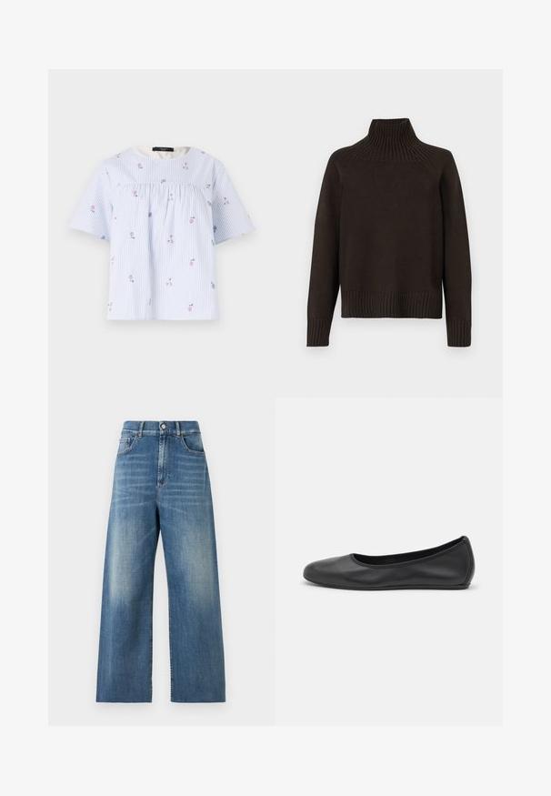 Czarny sweter z golfem wykonany z dzianiny, z akcentami w prążki na kołnierzu, mankietach i dolnej krawędzi; ma luźny krój i teksturowaną powierzchnię.; Niebiesko-biała, w paski, bluzka na krótki rękaw z haftem kwiatowym, okrągłym dekoltem i marszczeniem z przodu. Wykonana z miękkiego materiału bawełnianego.; Dżinsy z wysokim stanem i szerokimi nogawkami, wykonane z niebieskiego denimu o wyblakłym wykończeniu. Cechy obejmują kieszenie z przodu oraz pojedyncze zapięcie na guzik.; Czarne skórzane baletki z zaokrąglonym noskiem, gładką fakturą, minimalnymi przeszyciami i elastycznym designem podeszwy.