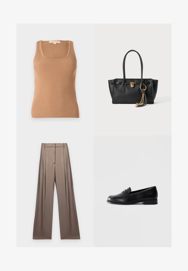 Schwarzer, gestrickter Rollkragenpullover mit gerippten Akzenten am Kragen, an den Bündchen und am Saum; hat eine lockere Passform und eine strukturierte Oberfläche.; Rippenträgershirt in Hellbraun, mit Rundhalsausschnitt und figurbetontem Schnitt. Der Stoff hat eine weiche Textur mit vertikalen Streifen.; Weite Hosen in einem gedeckten Taupe-Ton, aus glattem Stoff mit satinartiger Oberfläche. Mit einem taillierten Bund und dezenten Falten.; Schwarze Lederloafers mit flachem Absatz und goldenem dekorativem Emblem auf dem Riemen, präsentiert auf einem schlichten hellgrauen Hintergrund.; Schwarze Lederhandtasche mit doppelten Griffen, goldfarbener Verschluss- und Kettendetails sowie einem schwarz-weißen Quastenaccessoire vor weißem Hintergrund.