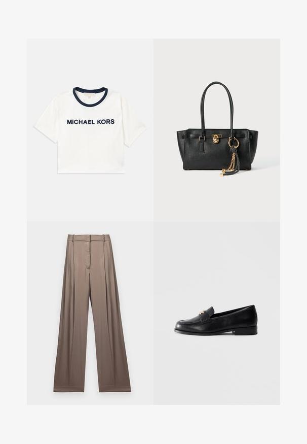 Suéter de gola alta em malha preta com detalhes canelados na gola, mangas e barra; possui um corte relaxado e uma superfície texturizada.; Camiseta branca cortada com decote azul-marinho, apresentando "MICHAEL KORS" impresso em azul-marinho. Feita de algodão macio com mangas curtas.; Calças de perna larga numa cor taupe suave, feitas de um tecido liso com acabamento em cetim. Apresentam uma cintura bem ajustada e pregas subtis.; Sapo de couro preto tipo loafer com salto baixo e emblema decorativo dourado na tira, exibido sobre um fundo cinza claro liso.; Bolsa de pele preta com alças duplas, fecho dourado e detalhe em corrente, além de um acessório de tassel preto e branco, contra um fundo branco.
