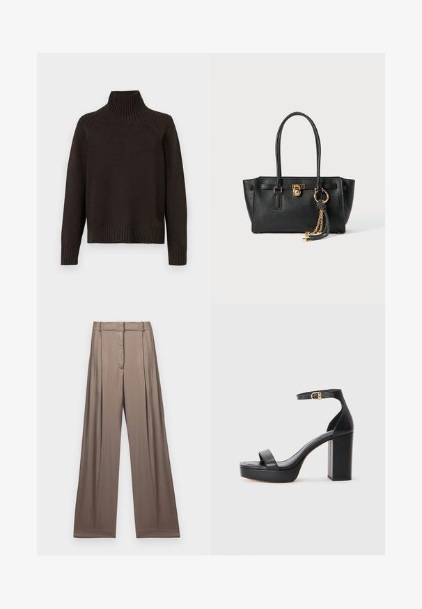Czarny sweter z golfem wykonany z dzianiny, z akcentami w prążki na kołnierzu, mankietach i dolnej krawędzi; ma luźny krój i teksturowaną powierzchnię.; Szerokie spodnie w stonowanym odcieniu taupe, wykonane z gładkiego materiału o satynowym wykończeniu. Posiadają dopasowany pas i subtelne fałdy.; Czarne sandały na platformie z grubym słupkowym obcasem, wykonane z gładkiej skóry, z odkrytymi palcami oraz paskiem wokół kostki z złotą zapiętką.; Czarna skórzana torebka na podwójnych uchwytach, ze złotym zamkiem i łańcuszkiem, a także czarno-białym ozdobnym frędzlem na białym tle.
