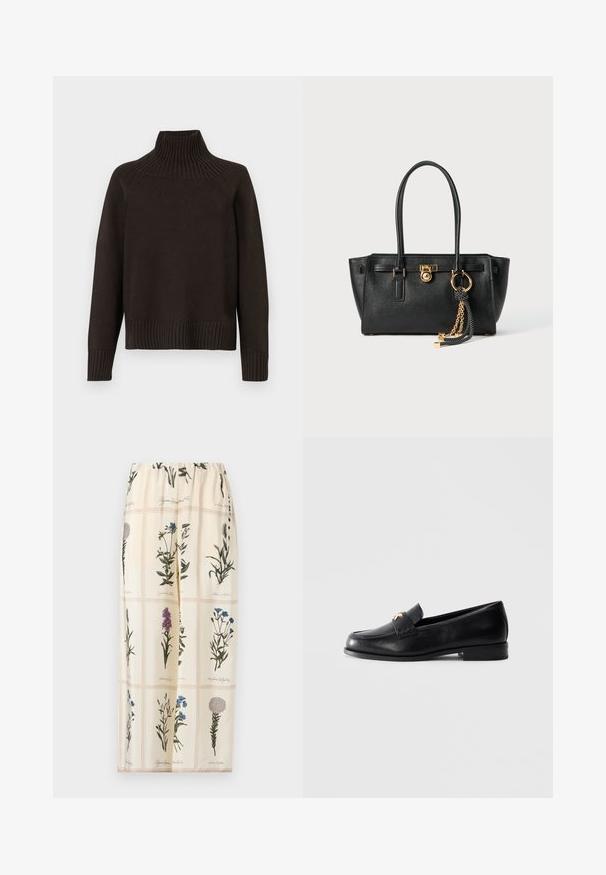 Musta neulepusero, jossa on ribbestykset kauluksessa, hihoissa ja helmassa; rento malli ja teksturoitu pinta.; Hame kukkakuosisella, jossa on beige tausta, joustava vyötärö ja kuvastuksia eri kukista vihreissä, purppurassa ja sinisissä sävyissä.; Musta nahkakengät matalalla korolla ja kultaisella koriste-embleemilla hihnassa, esiteltynä tasaisella vaaleanharmaalla taustalla.; Musta nahkainen käsilaukku, jossa on kaksinkertaiset kahvat, kultainen lukko ja ketjuyksityiskohta, sekä musta-valkoinen tupsu koriste, valkoista taustaa vasten.