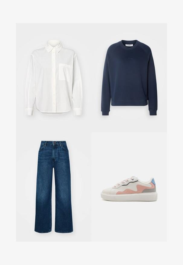 Navy blue sweatshirt with long raglan sleeves, round neckline, and ribbed cuffs. Textured fabric and subtle logo on the front.; White long-sleeve shirt with a button-down collar, front button closure, and a left chest pocket. Made of smooth fabric with a relaxed fit.; High-waisted, wide-leg jeans in dark blue denim with a smooth texture, contrast stitching, and five-pocket design. Front button closure.; Low-top sneakers with a white synthetic upper, pink and gray suede accents, textured white rubber sole, and colorful laces.
