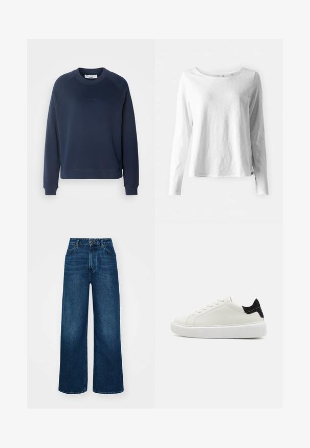 Tengerészeti kék pulóver hosszú raglan ujjal, kerek nyakkivágással és bordás mandzsettával. Texturált anyag és diszkrét logó az elején.; Hosszú ujjú, fehér póló puha, könnyű anyagból; kerek nyakkal és enyhén laza szabással rendelkezik; címke látható az oldalon.; Magas derekú, széles szárú farmernadrág sötétkék denimből, sima tapintással, kontrasztos varrással és öt zsebes kialakítással. Elöl gombos záródás.; Fehér bőr sportcipő, textúrázott fekete velúr sarokkal, lapos fehér gumitalppal és hat fűzőlyukkal.