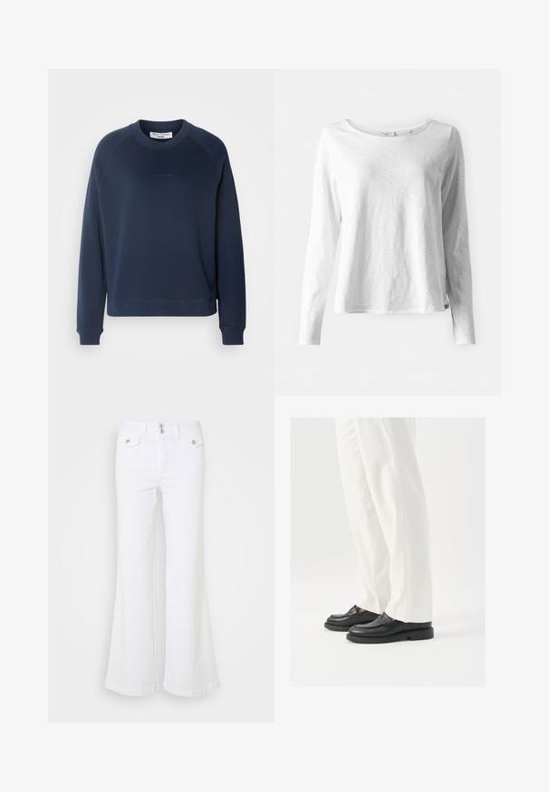 Tummansinisellä hupparilla on pitkät raglanhiha, pyöreä pääntie ja ribbaatut hihansuut. Teksturoitu kangas ja hillitty logo edessä.; Pitkähihaiseen valkoiseen t-paitaan kuuluu pehmeä ja kevyt kangas; siinä on pyöreä kaula-aukko ja hieman rento malli; etiketti näkyvissä sivulla.; Valkoiset levenevät farkut, jotka on valmistettu denimistä, korkealla vyötäröllä, kahdella etutaskulla ja hopeaisilla nappikoristeilla yksinkertaisella taustalla.; Musta nahkakengät, joissa on sileä pinta, ompelusedet ja pyöristetty kärki, yhdistetty valkoisiin räätälöityihin housuihin.