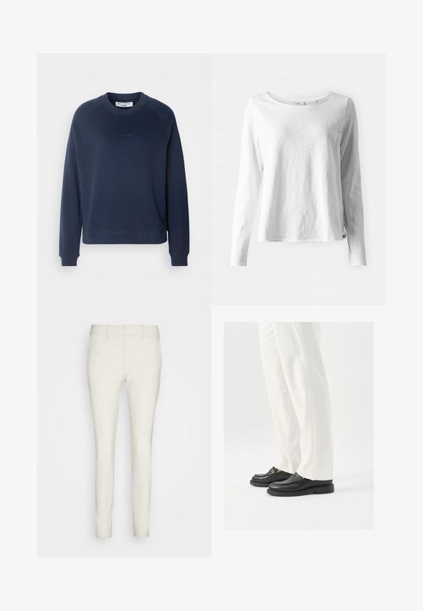 Marinblå sweatshirt med lange raglanærmer, rund halsudskæring og ribbede manchetter. Tekstureret stof og subtilt logo på forsiden.; Langærmet hvid T-shirt i blødt, let materiale; har rund halsudskæring og en let afslappet pasform; mærket er synligt på siden.; Lyse, tætsiddende bukser i et glat stof med flad front, standardlommer og bæltestropper. Generelt et strømlinet og elegant design.; Sorte læder loafers med en glat overflade, syninger og en rund tå, parret med hvide skræddersyede bukser.