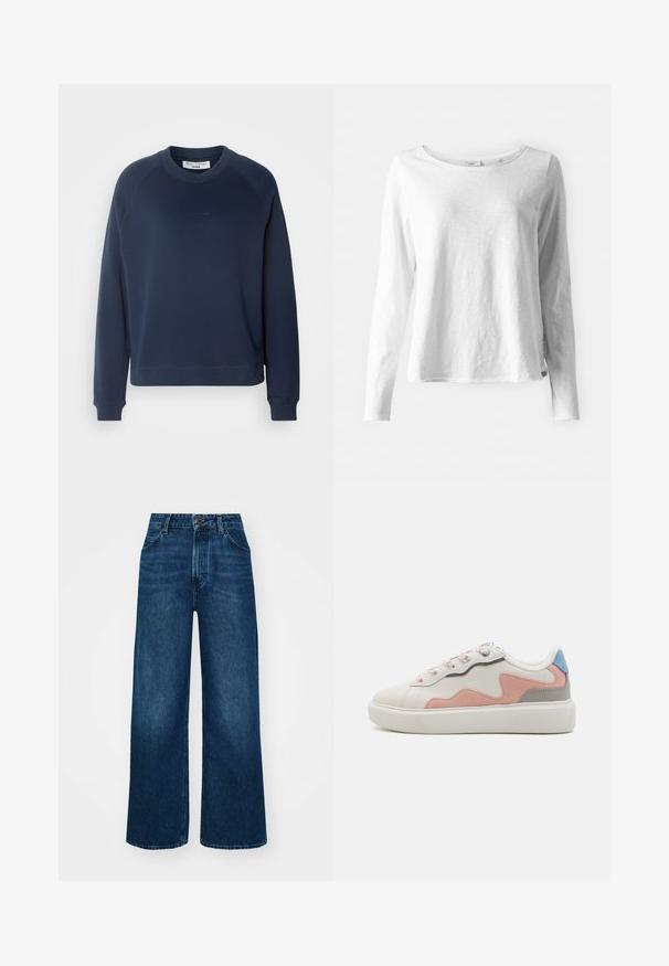 Marineblauwe sweatshirt met lange raglanmouwen, ronde hals en geribbelde manchetten. Gelaagd stof en subtiele logo op de voorkant.; Langarm witte T-shirt van zacht, lichtgewicht materiaal; heeft een ronde hals en een licht aansluitende pasvorm; label zichtbaar aan de zijkant.; Hoge taille, wijde jeans in donkerblauwe denim met een gladde textuur, contraststiksels en een vijf-pocket ontwerp. Sluiting met een knoop aan de voorkant.; Lage sneakers met een witte synthetische bovenkant, roze en grijze suède accenten, een gestructureerde witte rubberen zool en kleurrijke veters.