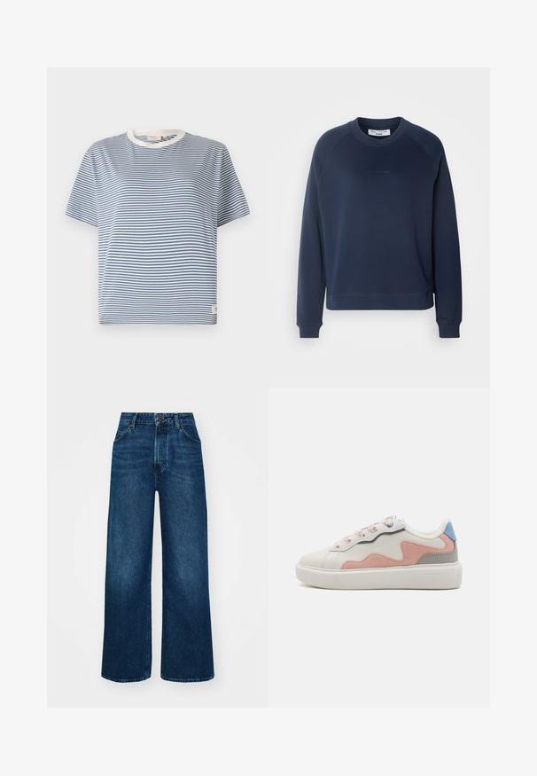 Námořnická modrá mikina s dlouhými raglánovými rukávy, kulatým výstřihem a žebrovanými manžetami. Texturovaná tkanina a decentní logo na přední straně.; Modro-bílý pruhovaný tričko s krátkým rukávem, kulatým výstřihem a malou cedulkou na spodní straně. Vyrobeno z lehkého materiálu.; Džíny s vysokým pasem a širokými nohavicemi v tmavě modré denimové barvě s hladkou texturou, kontrastním šitím a designem se pěti kapsami. Zapínání na přední knoflík.; Nízké tenisky s bílým syntetickým svrškem, růžovými a šedými semišovými akcenty, texturovanou bílou gumovou podešví a barevnými tkaničkami.