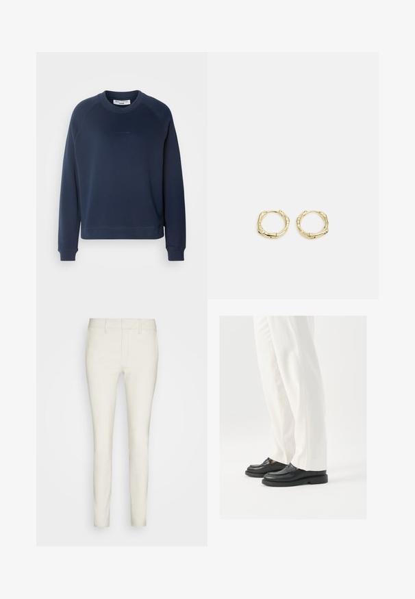 Mornarsko modra majica s kapuco z dolgimi raglan rokavi, okroglo ovratnico in rebrastimi manšetami. Teksturovana tkanina in subtilen logo spredaj.; Svetlo obarvane, tesne krojene hlače iz gladkega materiala z ravnim sprednjim delom, standardnimi žepi in zankami za pas. Skupaj eleganten in poenostavljen dizajn.; Črne usnjene loaferje z gladko teksturo, šivi in zaobljenim prstom, pomešane z belimi krojenimi hlačami.; Zlate obročaste uhane z teksturirano, nepravilno obliko. Imajo brezšivno zapiranje in poliširano površinsko obdelavo, kar poudarja sodoben dizajn.