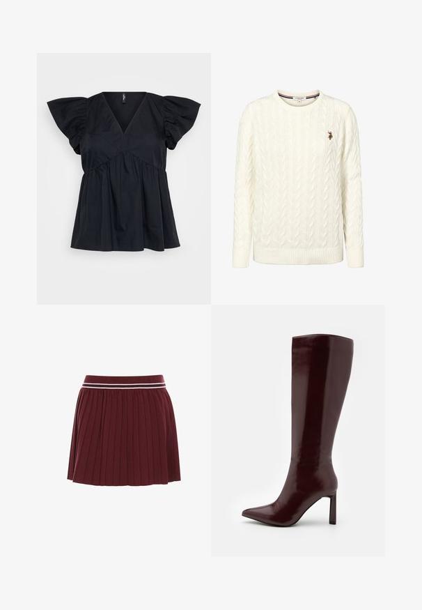 Kremen pulover s pletenim vzorcem, okroglim izrezom in rebrastimi manšetami. Na levi strani prsnega koša ima majhen vezen logotip.; Črn bombažni top z V-izrezom, kratkimi napihnjenimi rokavi in nabrano detajlno obleko v pasu za ohlapen, tekoč fit.; Burgundska plisirana krila z pletenim pasom, ki vsebuje belo in temno burgundno črto. Mehka tekstura, kratka dolžina.; Even&Odd Škornji - dark red