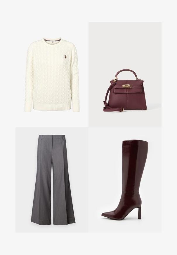 Kremasti džemper s pletenim uzorkom, okruglim izrezom i rebrastim manžetnama. Na lijevoj strani prsa nalazi se mali izvezeni logo.; Sive široke hlače izrađene od teksturiranog materijala, s visokim strukom i prednjim nabranjima. Rubovi su čisti bez dodatnih naglasaka.; Even&Odd Čizme - dark red; Bordo kožni ručni posao sa strukturiranim oblikom, odvojivim remenom, gornjom drškom, zlatnim dodacima i prednjim kopčanjem.