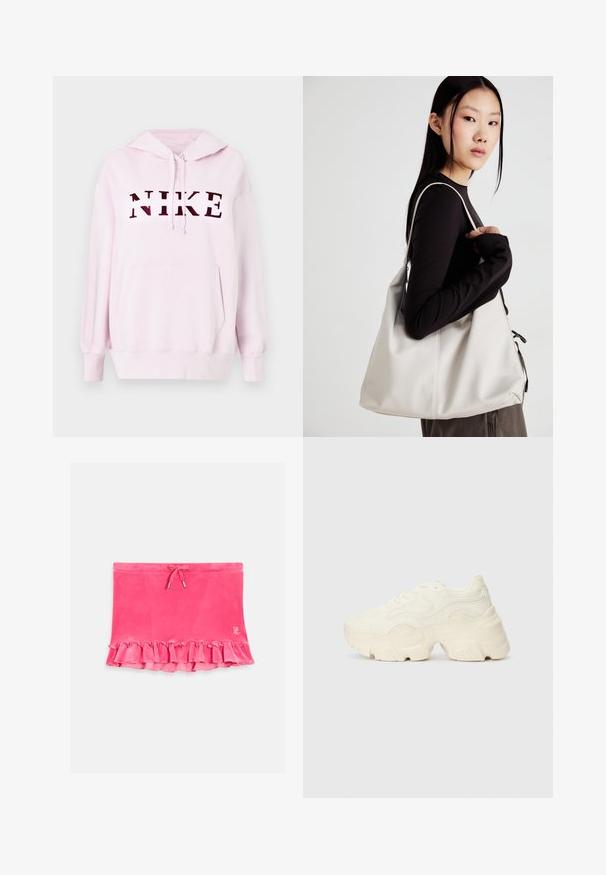 Roza kapuca z kengursko žepom i kapuljačom na vrvici. Ima odvažan, tamnocrven "NIKE" logo na prednjem delu. Mehak tekstilni material.; Roza žametna krila z naborki na robu, z vrvico v pasu in srebrnimi detajli. Gladka tekstura z sproščenim dizajnom.; Debele bele športne copate, izdelane iz teksturirane mrežaste in sintetične materialov, z debelim podplatom in zapletenimi vzorčičnimi detajli ob straneh.; Bežna torbica iz mehkega materiala, z ohlapno zasnovo, šivi in dvema naramnicama. Primerna za vsakodnevno uporabo.