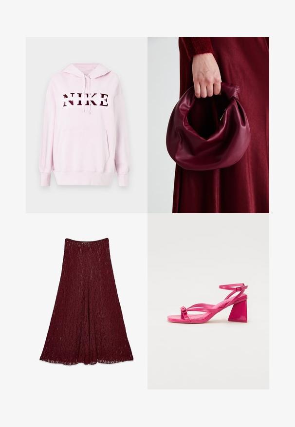 Roza kapuca z kengursko žepom i kapuljačom na vrvici. Ima odvažan, tamnocrven "NIKE" logo na prednjem delu. Mehak tekstilni material.; Dolga bordo čipkasta krila z A-linijo in polprosojnim cvetličnim vzorcem.; Roza lakasta usnjena sandala na peto s kvadratnim prstom, ozkimi trakovi in geometrijsko blok peto. Ima značilen zaponko na traku.; Bordo usnjeni ročni torbici s mehak, nabrana zasnova in okrogla oblika. Ročaj je varen in prikazuje gladko teksturo.