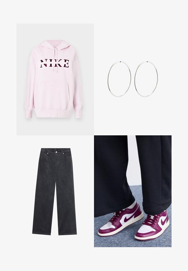 Różowa bluza z kapturem, posiadająca kieszeń kangurzą i sznurek do regulacji kaptura. Na przodzie widnieje odważne, ciemnoczerwone logo "NIKE". Miękka tekstura materiału.; Szerokie spodnie w ciemnoszarym korduroy, z zapięciem na guzik, czterema kieszeniami i miękką teksturowaną powierzchnią.; Jordan AIR JORDAN 1 bordowy; Srebrne kolczyki na kółku o gładkim, okrągłym kształcie i wypolerowanym wykończeniu. Są cienkie i lekkie, z prostym zapięciem.