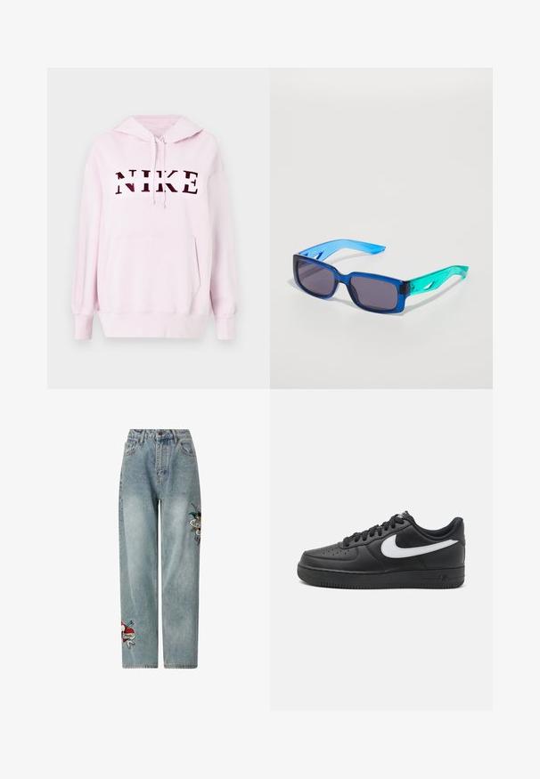 Růžová mikina s klokankou a kapucí se stahovací šňůrkou. Na přední straně se nachází výrazné tmavě červené logo "NIKE". Měkká tkanina.; Světle modré džíny s vysokým pasem, volným střihem a vyšívanými červenými srdíčky a designy holubiček na předních nohavicích.; Černé tenisky Nike Air Force 1 s hladkým koženým svrškem, bílým logem, perforovanou špičkou a texturovanou gumovou podrážkou.; Modré a zelené sluneční brýle s obdélníkovými skly; průhledné rámečky; texturované modré nožičky; tmavá skla; výrazné značení na boku.