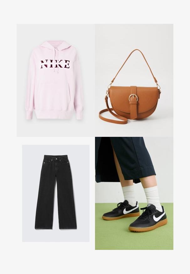 Pink hoodie with a kangaroo pocket and drawstring hood. Features a bold, dark red "NIKE" logo across the front. Soft fabric texture.; Wide-leg black denim jeans with a fitted waist, sturdy fabric, front pockets, and gold-tone hardware details.; Black leather and synthetic sneakers with white Nike swoosh, rubber gum sole, round toe, and black laces. Ribbed white socks visible.; Brown leather crossbody bag with a curved shape, gold hardware, and a buckle accent. Features a detachable shoulder strap.