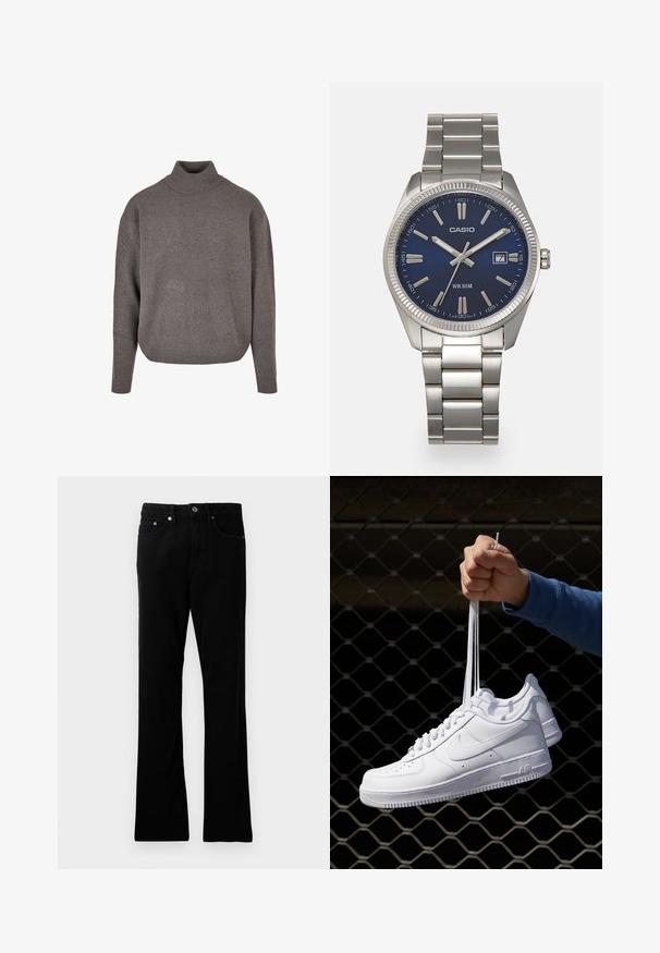 Grå turtleneck sweater lavet af blød, tekstureret strikket stof. Løs pasform med lange ærmer og ribbede manchetter og kant.; Sorte denim bukser med lige pasform, fem lommer, metalknaplukning og subtile syninger. Glat tekstur og ensartet farve.; Hvide lædersneakers med perforeringer, rund tå, flad sål og tykke snørebånd, med et synligt swoosh-logo og "AIR" på hælen.; Sølv rustfrit stål urrem med en marineblå urskive, metallic timemarkører og et datovindue kl. 3. Vandafvisende op til 50 meter.