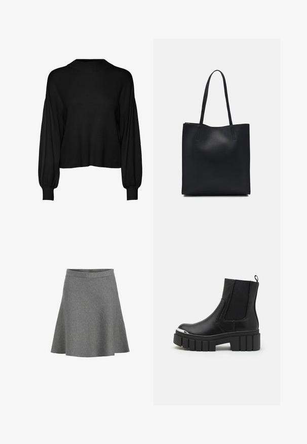 Pull noir, court avec des manches longues et volumineuses. Il possède un col haut et une texture côtelée. Fabriqué en matériau tricoté doux.; Jupe grise évasée en tissu doux, dotée d'une taille lisse et d'un ourlet qui s'évase doucement, avec une texture subtile et sans motifs.; Bottines noires en cuir lisse avec des panneaux élastiques, une semelle épaisse, et un embout métallique.; Sac fourre-tout en cuir noir avec une texture lisse, de forme rectangulaire et deux longues poignées. Pas de matériel ou d'ornementations visibles.