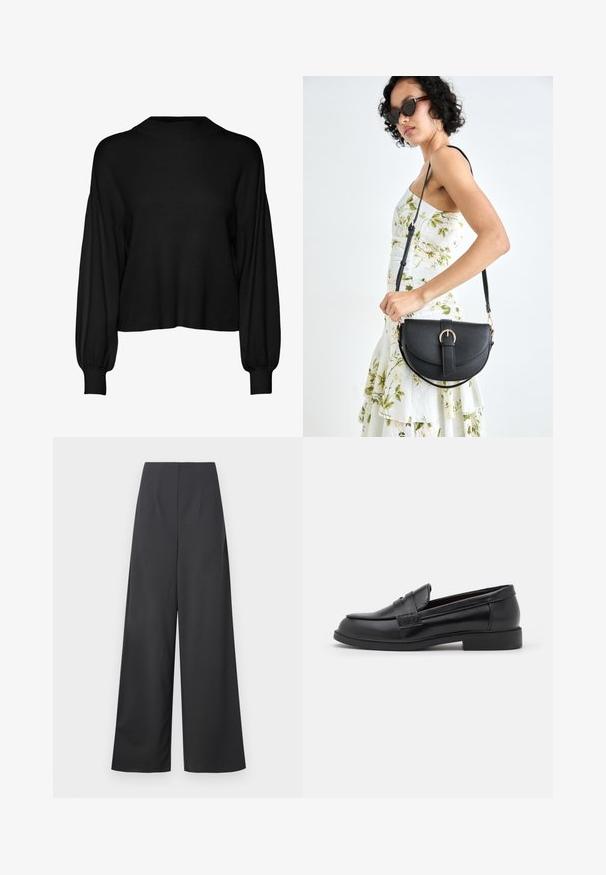 Melnā, īsā džemperī ar garām, apjomīgām piedurknēm. Ar augstu kaklu un ribotu tekstūru. Izgatavots no mīksta adījuma materiāla.; Augstas vidukļa, platas kāju bikses tumši pelēkā audumā ar gludu faktūru. Bez redzamām kabatām vai rotājumiem.; Melnas ādas loafer kurpes ar gludu tekstūru, noapaļu pirkstu daļu, izšūtu detaļu augšdaļā un zemu, plakanu gumijas zoli.; Melnas ādas rokassoma ar izliekta formu, noņemamu siksnu un zelta aksesuāriem. Somai ir vāciņš ar sprādzes detaļu.