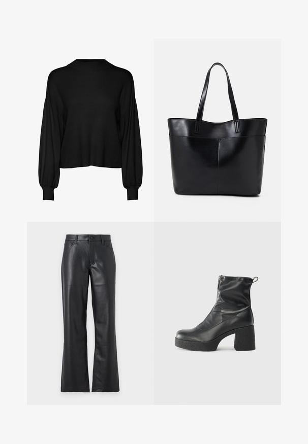 Črn, skrajšan pulover z dolgimi, voluminoznimi rokavi. Ima visok ovratnik in rebrasto teksturo. Izdelan je iz mehke pletene tkanine.; Črne usnjene hlače s širokim robom, ki imajo sprednje žepke, zankice za pas in zaponko na gumb. Gladka tekstura z vidnimi šivi.; Črne gležnjarje iz gladke kože z božnim zadrgo, masivnim teksturiranim peto in zaobljeno obliko prstov.; Črna usnjena torba z dvema dolgima ročajema, gladko teksturo in strukturirano obliko. Ima sprednji žep za dodatno shranjevanje.