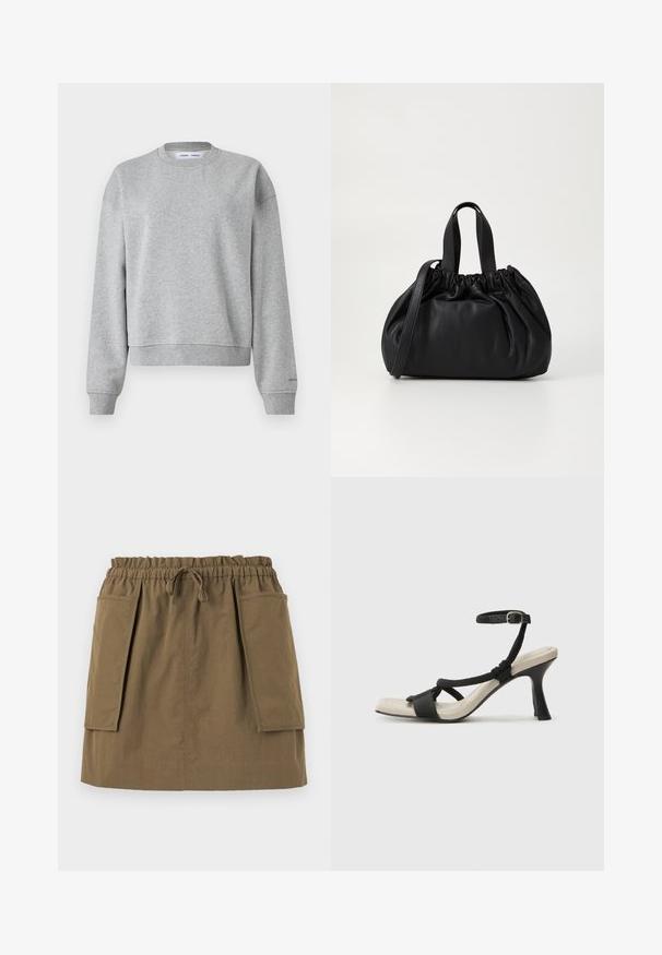 Grå sweatshirt med rund hals, lange ermer og en lett cropped design. Laget av mykt stoff med ribbede mansjetter og nederkant.; Olivengrønn, knelang skjørt med elastisk midje, snøring og to store sidelommer. Laget av lett stoff med synlige sømmer.; Sorte helårs sandaler med flettet stroppesdesign, firkantet tå og justerbar ankelrem. Lys beige fotseng med glanset svart hæl.; Svart lærveske med en samlet toppdesign, som har to korte håndtak og en lang justerbar stropp. Glatt tekstur, rund form.