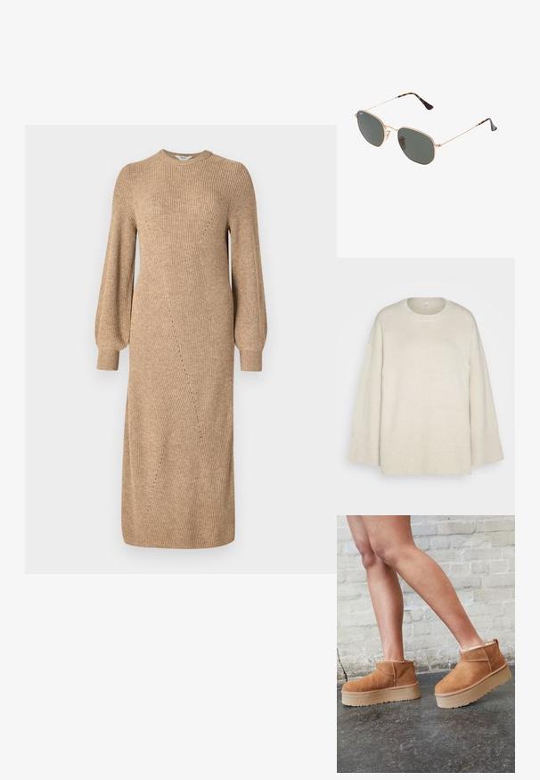 Jasno beżowy sweter wykonany z miękkiej dzianiny, z okrągłym dekoltem, opadającymi ramionami oraz prążkowanymi akcentami na hemie i rękawach.; Beżowa dzianinowa sukienka z długimi, bufiastymi rękawami, żebrową teksturą i skośnymi detalami szwów, sięgająca do połowy łydki. Okrągły dekolt i dopasowany krój.; Brązowe zamszowe botki sięgające kostki z puszystą wyściółką, grubą beżową platformą oraz tylną pętelką. Teksturowana powierzchnia z widocznymi detalami zszycia.; Złote okulary przeciwsłoneczne w stylu aviatora z ciemnozielonymi soczewkami, z wąskimi ramionami i akcentami w panterkę na końcach.