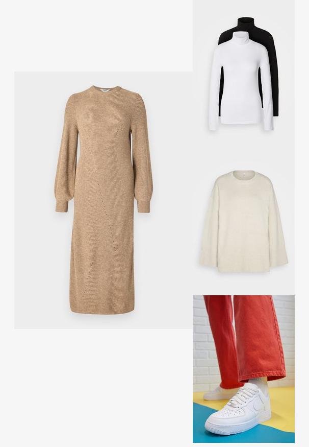 Suéter beige claro hecho de un suave tejido de punto, con cuello redondo, hombros caídos y acentos acanalados en el dobladillo y las mangas.; Vestido de punto beige con mangas largas y abullonadas, textura acanalada y detalles de costura en ángulo, que llega hasta la mitad de la pantorrilla. Escote redondo y silueta ajustada.; Dos camisetas de manga larga de cuello alto, una blanca y otra negra, hechas de una tela suave y elástica, ambas con un diseño ajustado y cuellos altos.; Zapatilla de cuero blanco con caja de dedos perforada, suela texturizada y cordones blancos, combinada con pantalones rojos amplios y un fondo azul y amarillo.