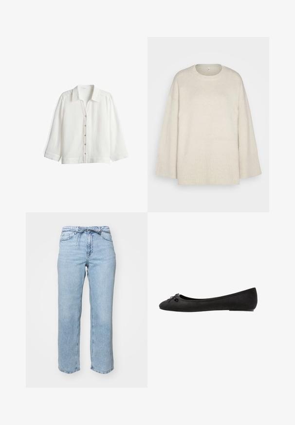 Light beige sweater made of soft knit fabric, with a round neckline, dropped shoulders, and ribbed accents at the hem and sleeves.; White button-up shirt made of lightweight fabric with a textured finish. Features a collar, long sleeves, and six button closures down the front.; Light blue denim jeans with a relaxed straight-leg cut, five pockets, and a waistband with belt loops. Distressed finish with subtle fading.; Black suede ballet flats with a rounded toe, featuring a decorative bow on the front and a flat sole design. Smooth texture and classic shape.
