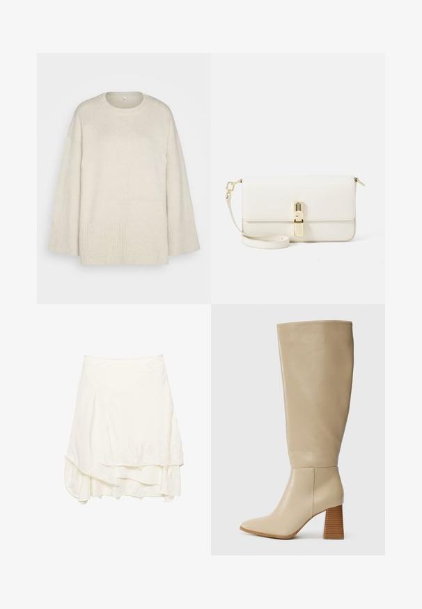 Svetlobežový sveter vyrobený z mäkkej pleteniny, s okrúhlym výstrihom, spadnutými ramenami a rebrovanými detailmi na leme a rukávoch.; Biele zakrývacie sukne s viacerými vrstvami, so štruktúrovanými čipkovanými detailmi pozdĺž lemu, jemnou textíliou a elegantným splývavým strihom.; Béžová kožená čižma po kolená s špicatou špičkou, textúrovaným blokovým podpätkom a hladkým povrchom. Ševová detail na členku a hornom leme.; Biela kožená crossbody taška s textúrovaným povrchom, obdĺžnikový tvar, zlaté kovanie na zapínanie a odnímateľný popruh.