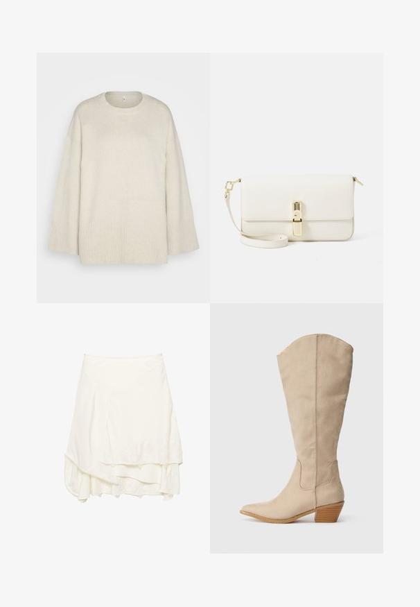 Helle beigefarbene Strickjacke aus weichem Strickmaterial, mit runder Ausschnittform, überschnittenen Schultern und Rippdetails am Saum und an den Ärmeln.; Weißer Wickelrock mit schichtweisem Design, der mit strukturierten Spitzendetails entlang des Saums, weichem Stoff und einer fließenden Silhouette versehen ist.; Beige Wildleder-Stiefel bis zum Knie mit spitzem Zeh, gestapeltem Absatz und sichtbaren Nahtdetails. Glatte Textur mit einfachem Design.; Weiße Leder-Crossbody-Tasche mit strukturiertem Finish, rechteckiger Form, goldfarbenem Hardware-Verschluss und abnehmbarem Riemen.