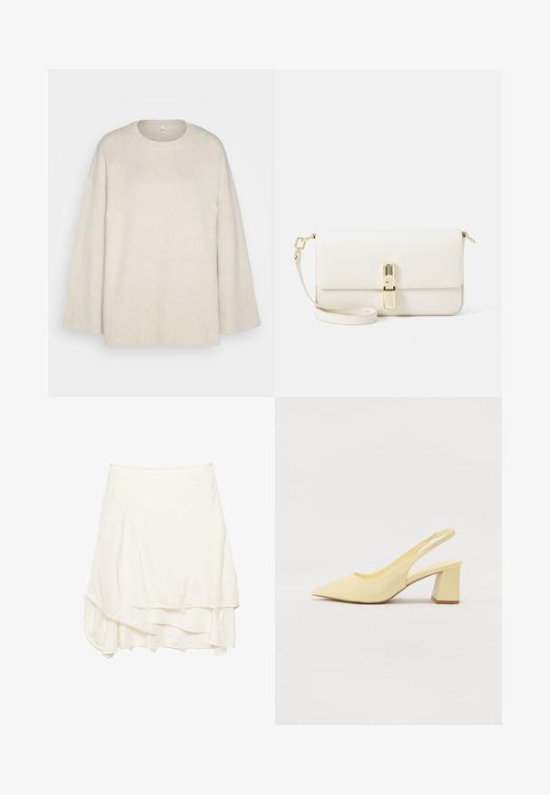 Helle beigefarbene Strickjacke aus weichem Strickmaterial, mit runder Ausschnittform, überschnittenen Schultern und Rippdetails am Saum und an den Ärmeln.; Weißer Wickelrock mit schichtweisem Design, der mit strukturierten Spitzendetails entlang des Saums, weichem Stoff und einer fließenden Silhouette versehen ist.; Beige Slingback-Pumps mit spitzer Zehenform und Blockabsatz, mit glatter Oberfläche und elastischem Riemen auf einem schlichten Hintergrund.; Weiße Leder-Crossbody-Tasche mit strukturiertem Finish, rechteckiger Form, goldfarbenem Hardware-Verschluss und abnehmbarem Riemen.