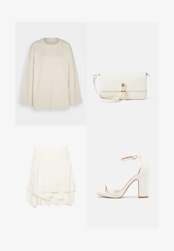 Light beige sweater made of soft knit fabric, with a round neckline, dropped shoulders, and ribbed accents at the hem and sleeves.; White wrap skirt with layered design, featuring textured lace detailing along the hem, soft fabric, and a flowing silhouette.; White high-heeled sandal with an ankle strap, minimalist design, open toe, block heel, and smooth leather texture.; White leather crossbody bag with a textured finish, rectangular shape, gold hardware clasp, and a detachable strap.